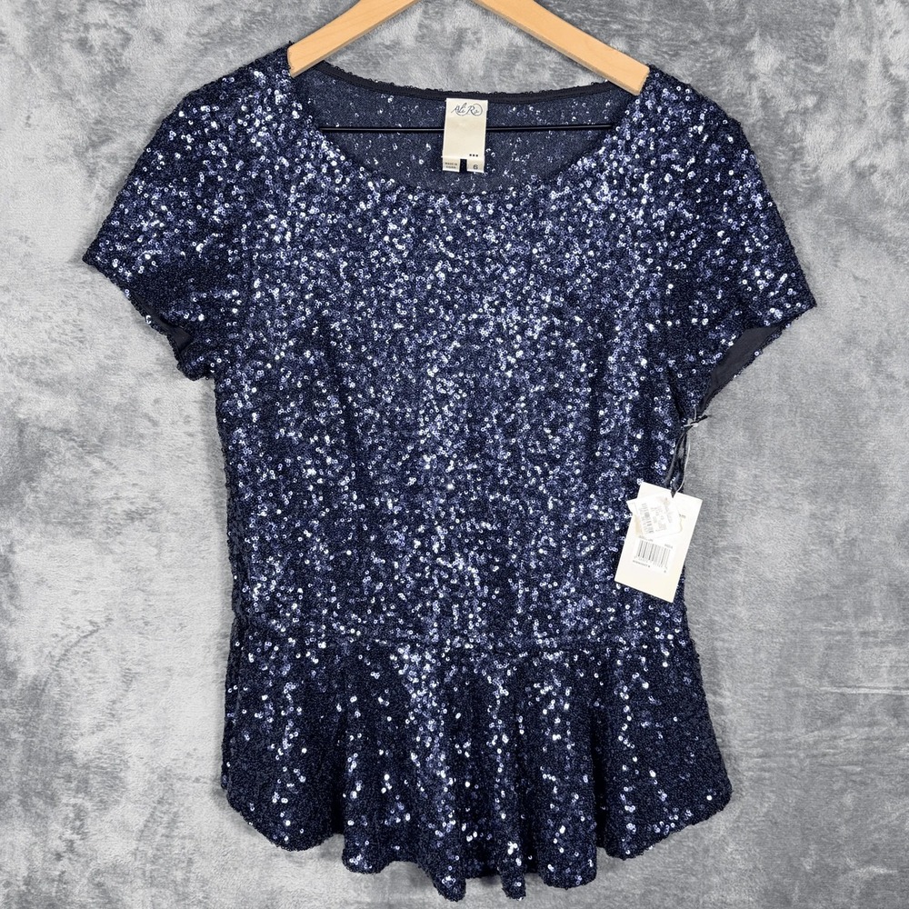 Ali Ro Womens Sequin Peplum Top Size 6 Navy Blue Short Sleeve Party NWT